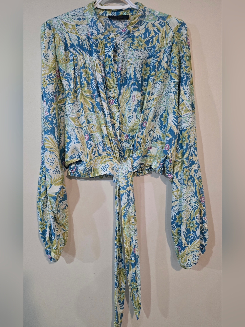 RACHEL Rachel Roy Blue and Green Floral Tie-Front Blouse